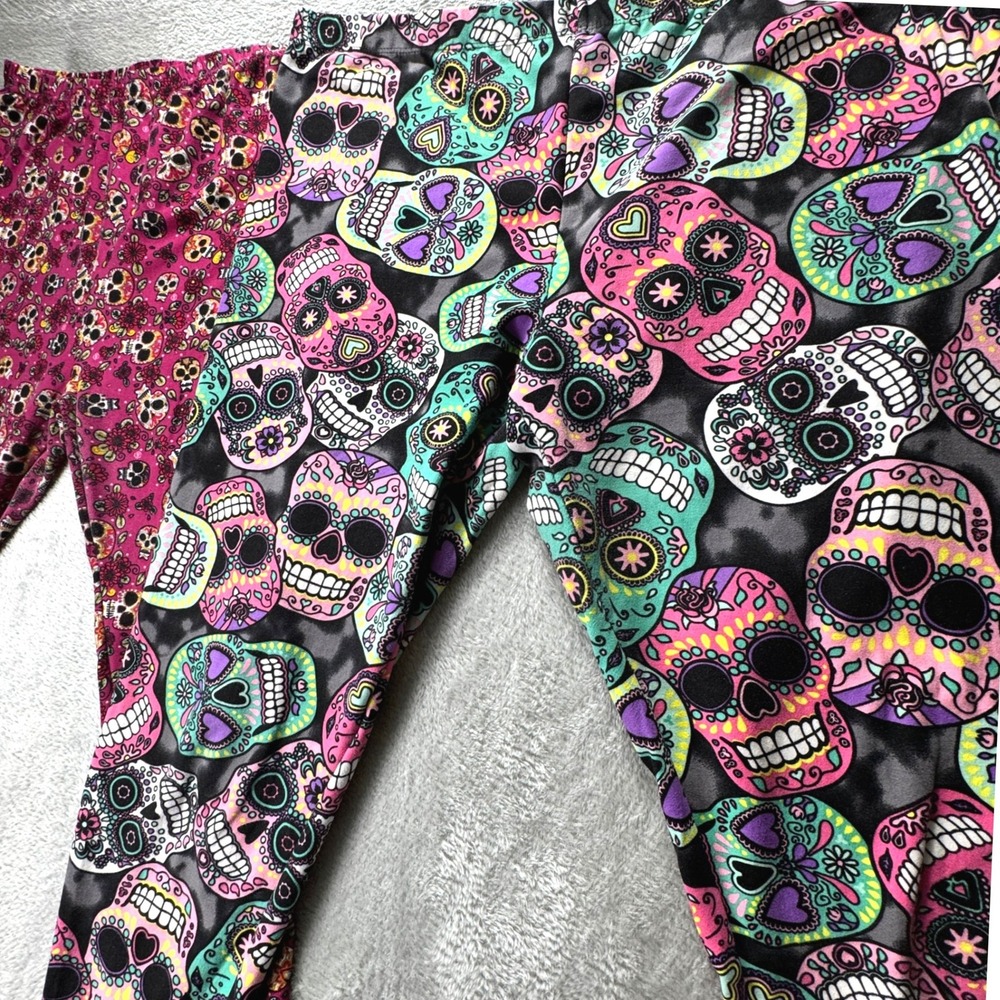 Sugar Skull Lot of 2 Leggings XL Womens Day of the Dead Pink Grey Calavera Print - Picture 2 of 6